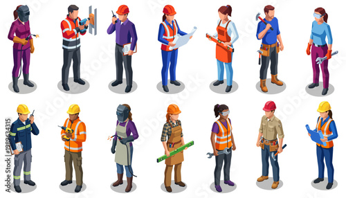 Construction workers team collection | professional building crew members set | industrial engineering staff group in varied work uniforms and tools