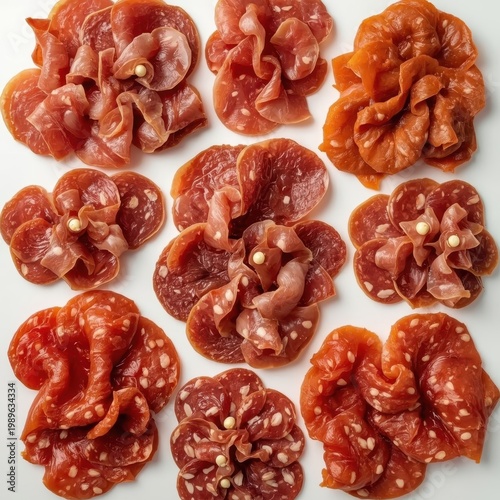 A variety of cured meats including prosciutto rosettes, spicy salami, and chorizo slices. Generative AI