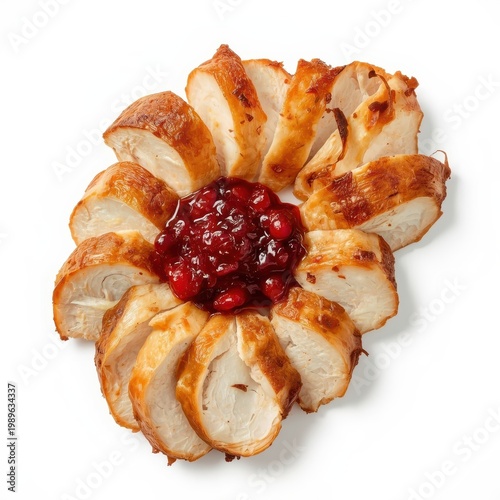 Golden roasted turkey breast slices served with a small dollop of bright cranberry sauce. Generative AI