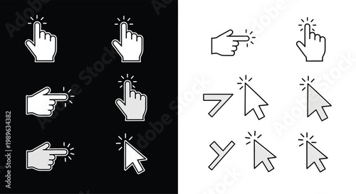 Hand and arrow computer cursor icons in simple black and white minimal style