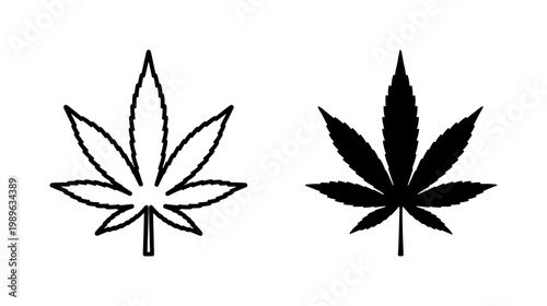 Cannabis Leaf Outline and Solid Black Silhouette Icons