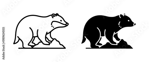 Badger silhouette and line art icon set on white background