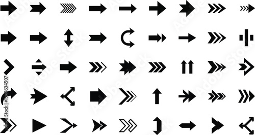 Extensive collection of black directional arrows on a white background with pointing