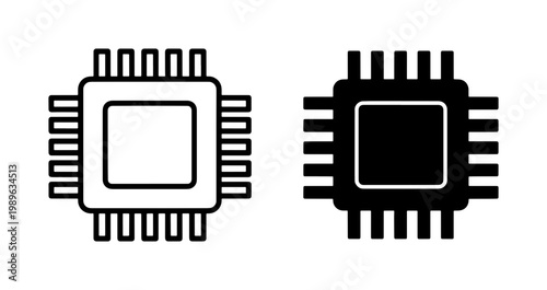 Computer CPU Microchip Outline and Solid Vector Icons