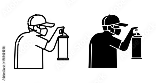 Graffiti artist wearing mask and cap holding spray paint can icon