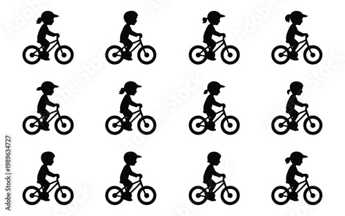 Silhouettes of 12 children riding bicycles in a playful grid arrangement isolated on a clean white background minimalist design style