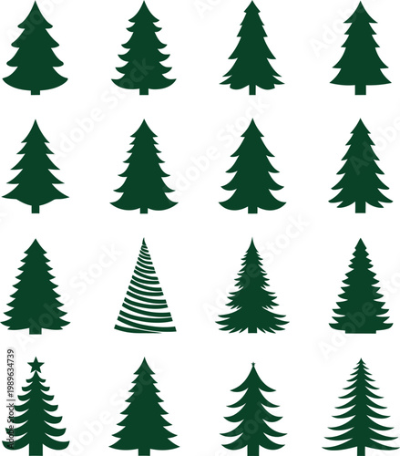 Multiple green pine tree silhouettes for winter and nature design with evergreen
