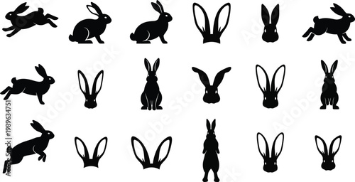 Set of black rabbit and hare silhouettes in hopping and sitting poses with wildlife