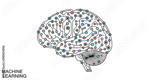 A futuristic Whisk_a95cbff6e8fe745b35542d655fb7a3a2dr illustration depicts a brain with circuit patterns and wires in a learning environment