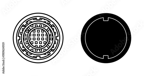 Manhole cover icon set with linear and solid styles