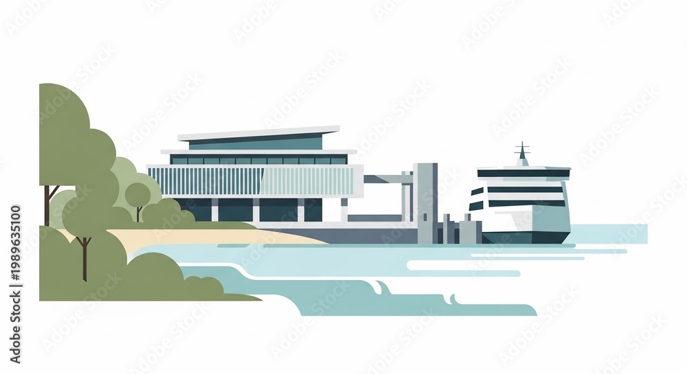 Obraz premium Modern building by serene waterfront landscape.