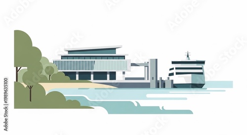 Modern building by serene waterfront landscape.