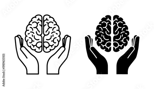 Human Brain Care Icon Set with Supporting Hands