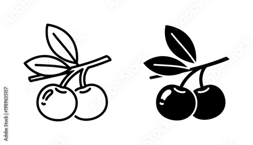 Cherry fruit icon set with leaves and stem