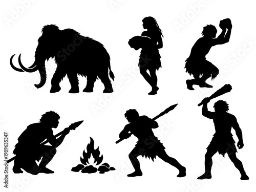 Silhouettes of prehistoric people, a mammoth, and a campfire depicting ancient human life.