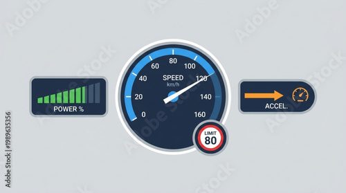 A digital speedometer display with power and acceleration gauges on a clean gray background