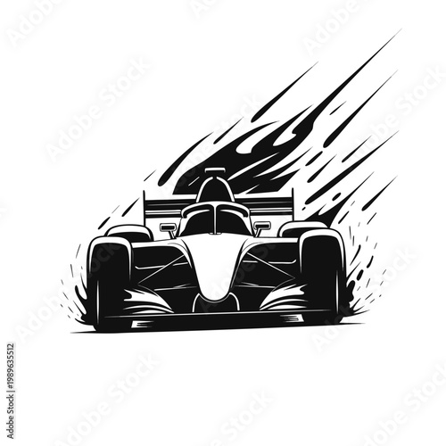 Racing car, speed illustration, black and white vector, motorsport graphic