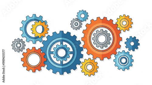 Colorful illustration of interlocking gears in shades of blue, orange, and gray on a white background