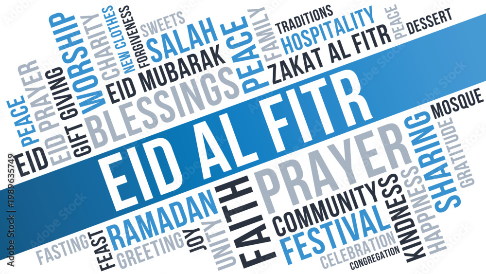 Fototapeta premium Eid Al Fitr Word Cloud Design for Poster, Greeting Card, Social Media Banner. Eid Al Fitr blue diagonal typography