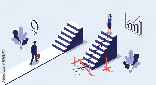 Symbolic representation of gender inequality showing a man and woman on staircases where the woman's path is obstructed.