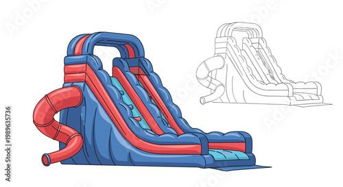 Detailed illustration of colorful inflatable blue and red water slide shown next to its wireframe outline model.