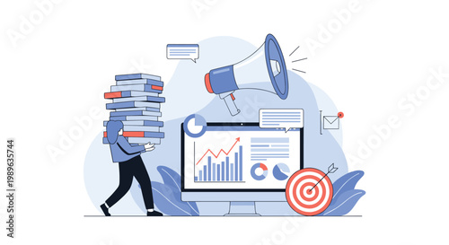 Student or researcher carrying a heavy stack of books near a computer screen showing educational data and targets.
