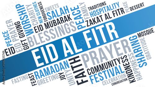 Eid Al Fitr Word Cloud Design for Poster, Greeting Card, Social Media Banner. Eid Al Fitr blue diagonal typography