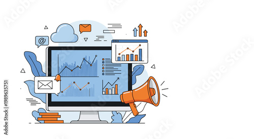 Digital marketing and advertising strategy concept with detailed analytics on screen and megaphone for brand promotion.