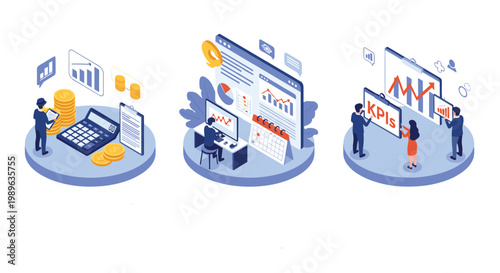 Professionals conducting financial audits, data analysis, and KPI monitoring across three specialized work environments.