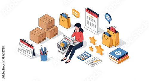 Freelance entrepreneur managing online store and logistics from home using laptop while tracking orders and customer satisfaction.