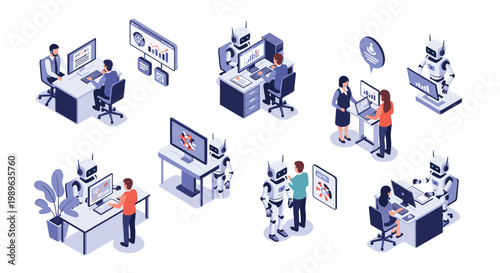 Humans and robots collaborating in a modern office environment to improve productivity and business efficiency.