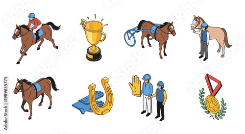 Equestrian sports icons collection featuring horse racing jockeys trophies harness racing and various equipment symbols.