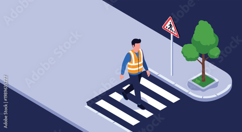 Safety worker in high visibility vest crossing urban street at pedestrian crosswalk near traffic sign and green tree.