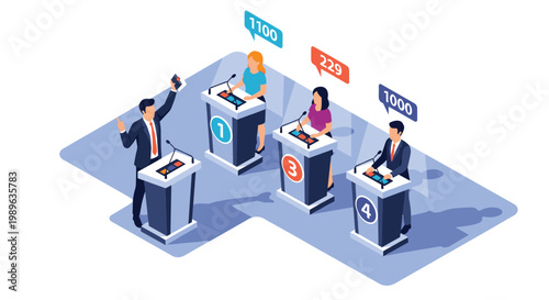 Political candidates engaging in public debate at podiums during televised election campaign event with live scoring data.