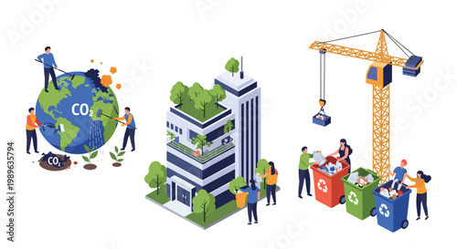 Environmental conservation concepts featuring earth cleaning carbon reduction green architecture and waste management icons.