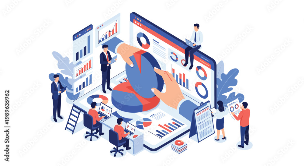 Fototapeta premium Business intelligence and data analytics dashboard concept showing professionals analyzing various financial charts and reports.