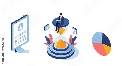Time management and performance evaluation concept showing a professional sitting on an hourglass near a clipboard and chart.