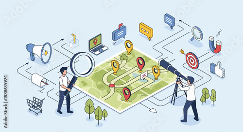 Market research and strategic target location analysis showing professionals examining a map with search tools and business icons.