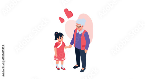 Loving relationship between a grandmother and granddaughter shown through a heartfelt moment of holding hands with floating hearts.