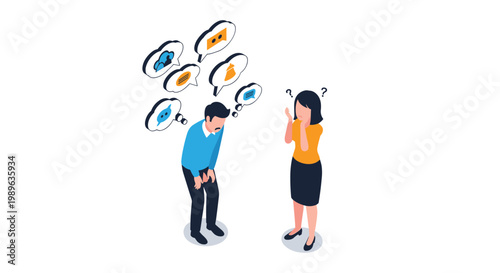 Social anxiety and overthinking concept showing a man overwhelmed by many thoughts and a concerned woman nearby.