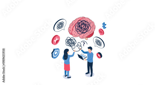 Mental health and cognitive problem solving concept showing people working together to untangle complex thoughts and brain processes.