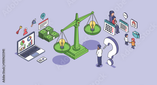 Complex decision making process and life balance evaluation involving career family finances and innovative ideas on a scale.