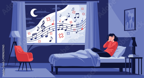 Sleep deprivation and noise pollution problem showing a woman unable to sleep due to loud music from outside.