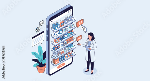 Online pharmacy and digital healthcare service concept with a doctor providing consultation via a medicine-filled smartphone.