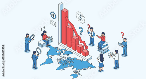 Global economic crisis and market decline concept showing professionals analyzing a downward financial trend over a world map.