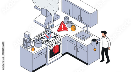 Dangerous kitchen situation showing fire on a gas stove and smoke with a person trying to handle a cooking pot.