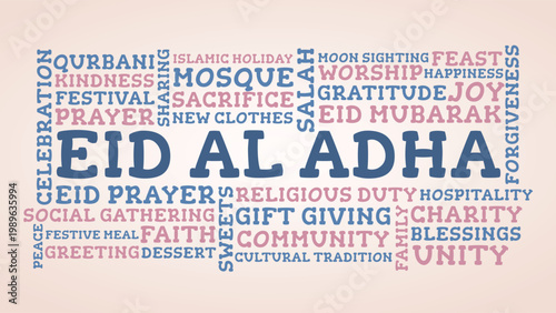 Eid Al Adha Word Cloud Poster, Pastel Blue Pink Islamic Festival Typography Design