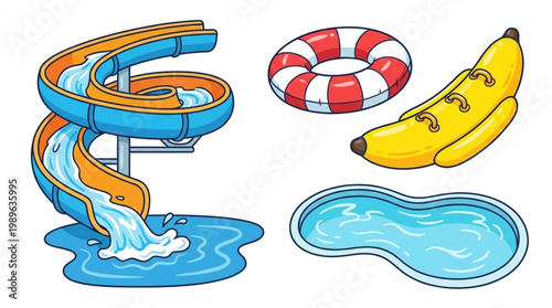 Cartoon illustration of a water slide, banana, life preserver, and pool on a white background with bright colors