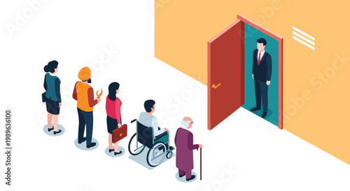 Inclusive queue of diverse people including elderly and disabled waiting in line to enter a doorway for service.