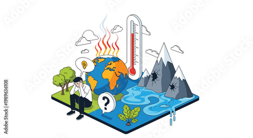 Sad man reflecting on climate change near a melting globe, rising thermometer, and receding glaciers in the landscape.
